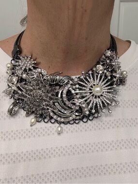 White House Black Market Silver-Tone Crystal & Pearl Burst Statement Necklace